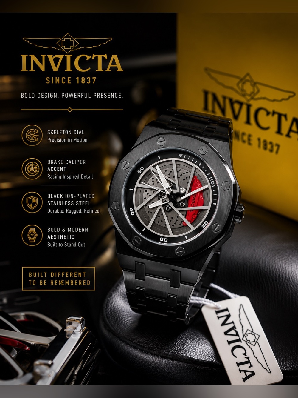 🖤 Invicta Men’s Black Skeleton Dial Watch | Racing-Inspired Design | New in Box